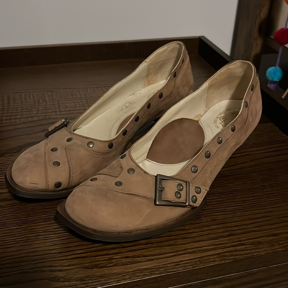 John Fluevog Beige Loafers with Studded Buckle